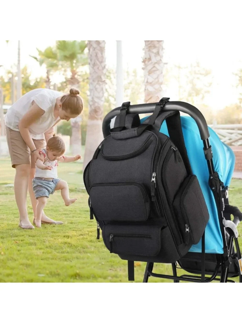 Stylish Water-Resistant Diaper Bag Backpack with Insulated Pockets & Stroller